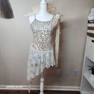 Sparkly! Adult Dance Performance Outfit Onesie White Lace Silver Sequence